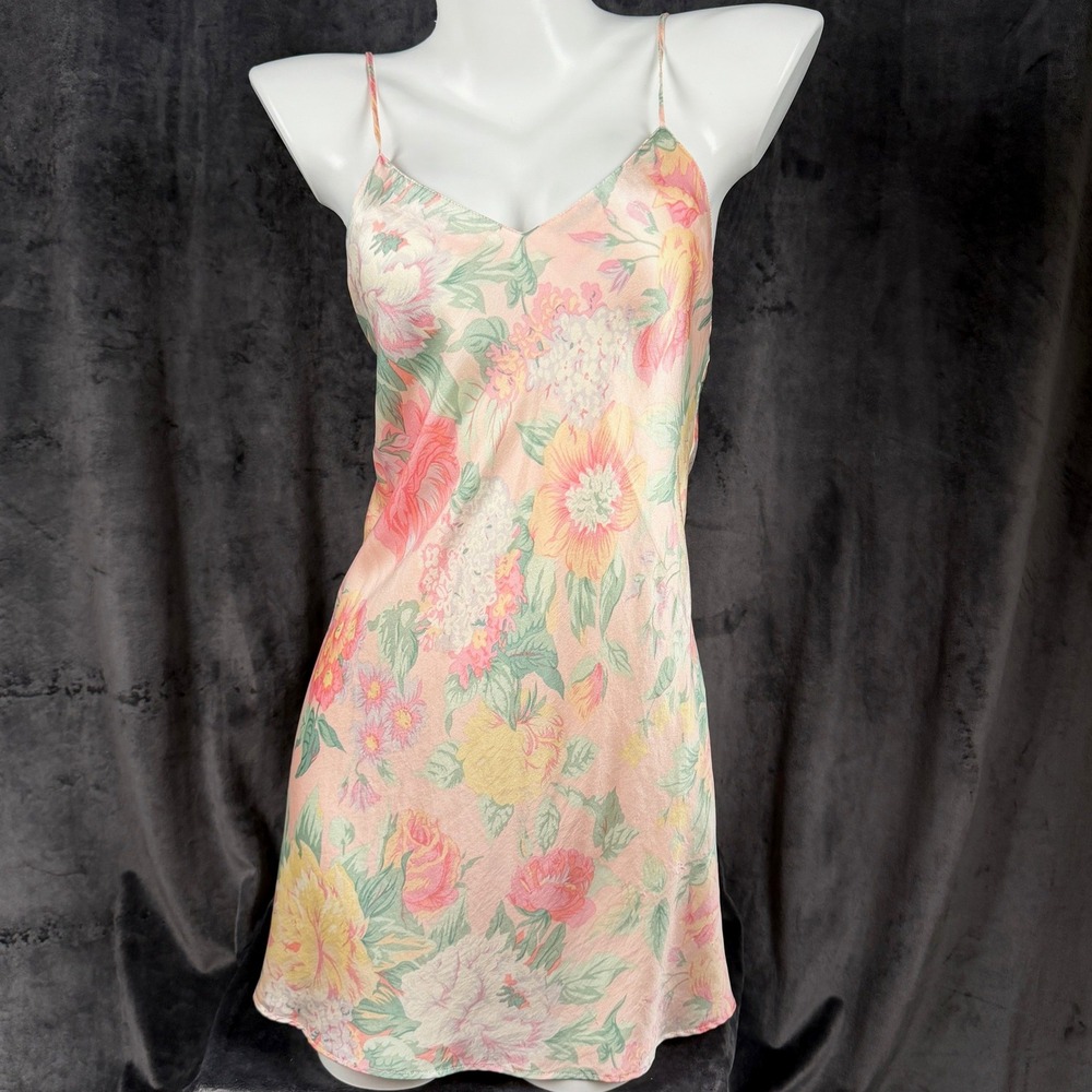 Vintage Victorias Secret Gold Label Y2K Silk Mini Slip Dress Floral Bias Cut S